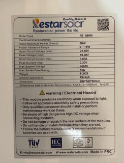 RESTAR SOLAR 60 watt solar panel Monocrystalline